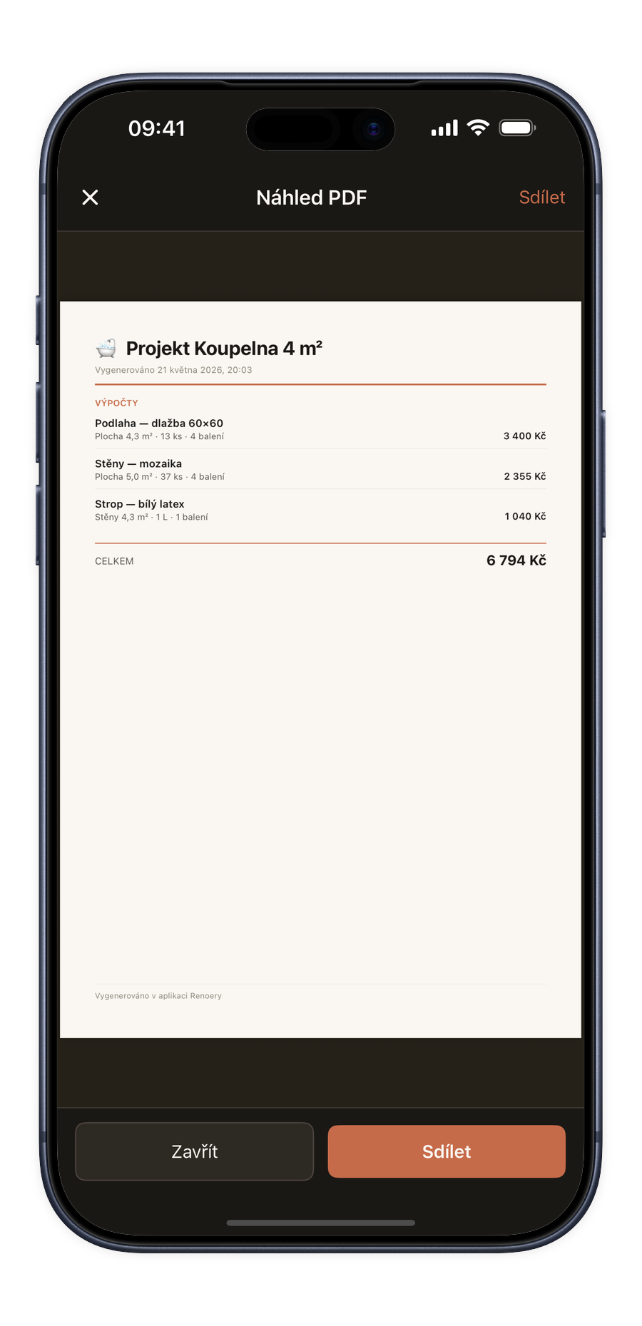 Snímek obrazovky exportu PDF Renoery v rámu telefonu