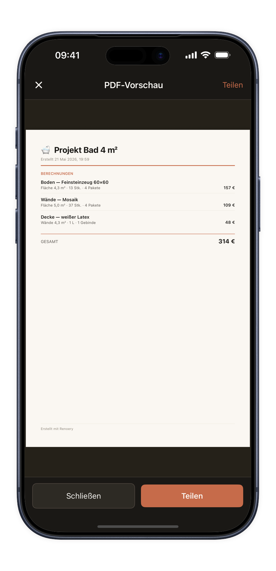 Screenshot des PDF-Exports von Renoery im Smartphone-Rahmen