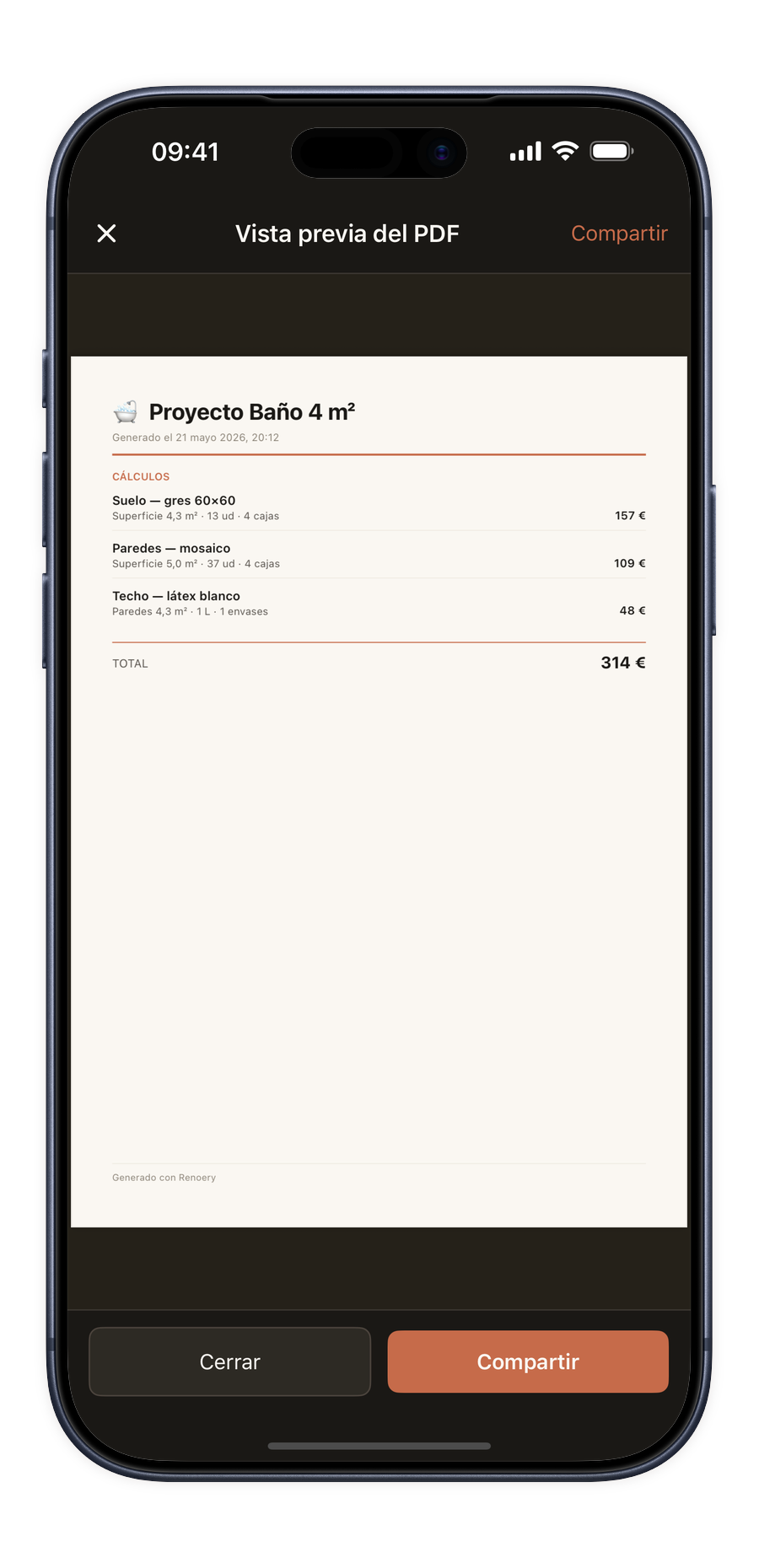 Captura del PDF exportado por Renoery en marco de móvil