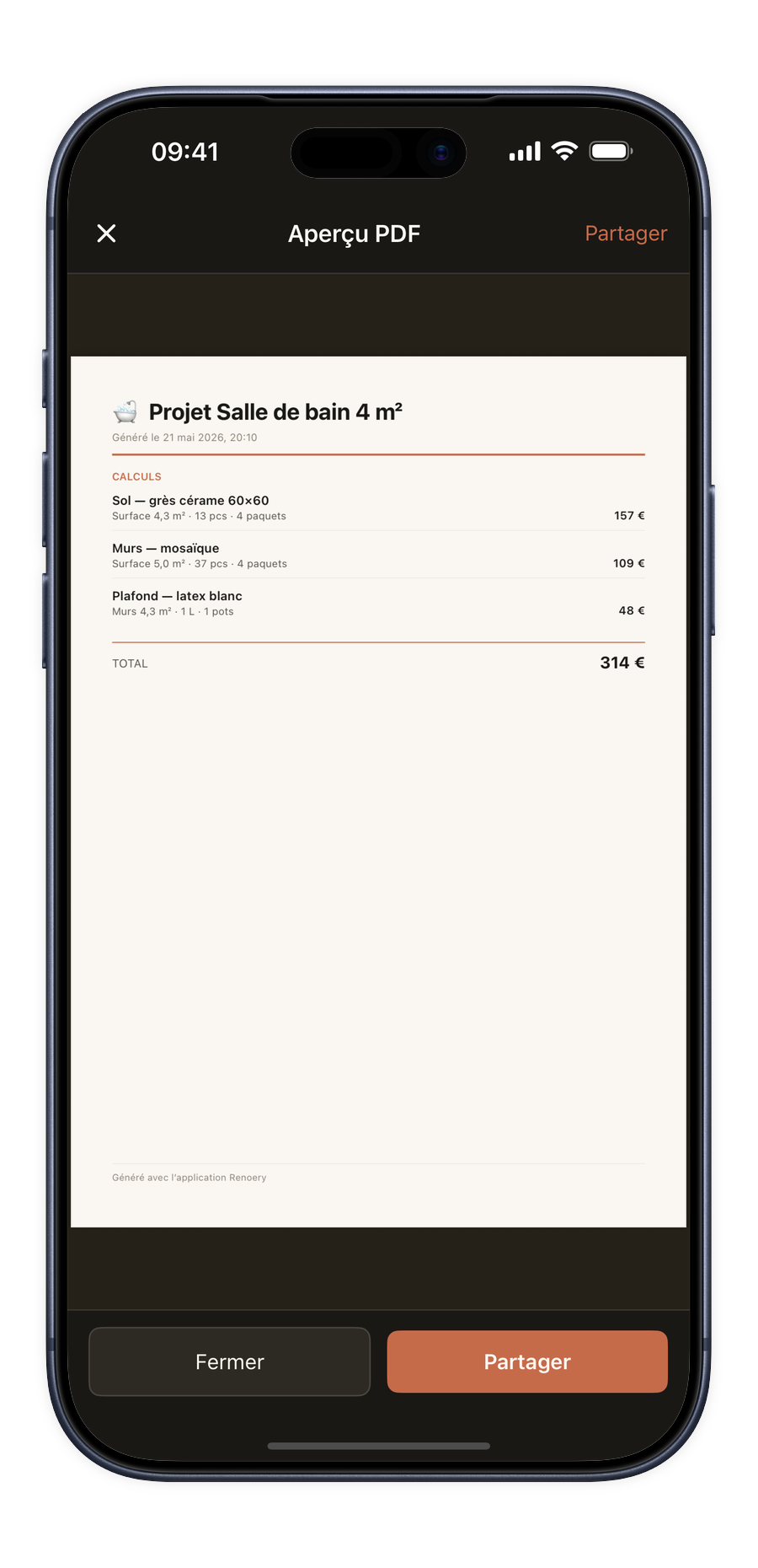 Capture d’écran de l’export PDF Renoery dans un cadre de téléphone