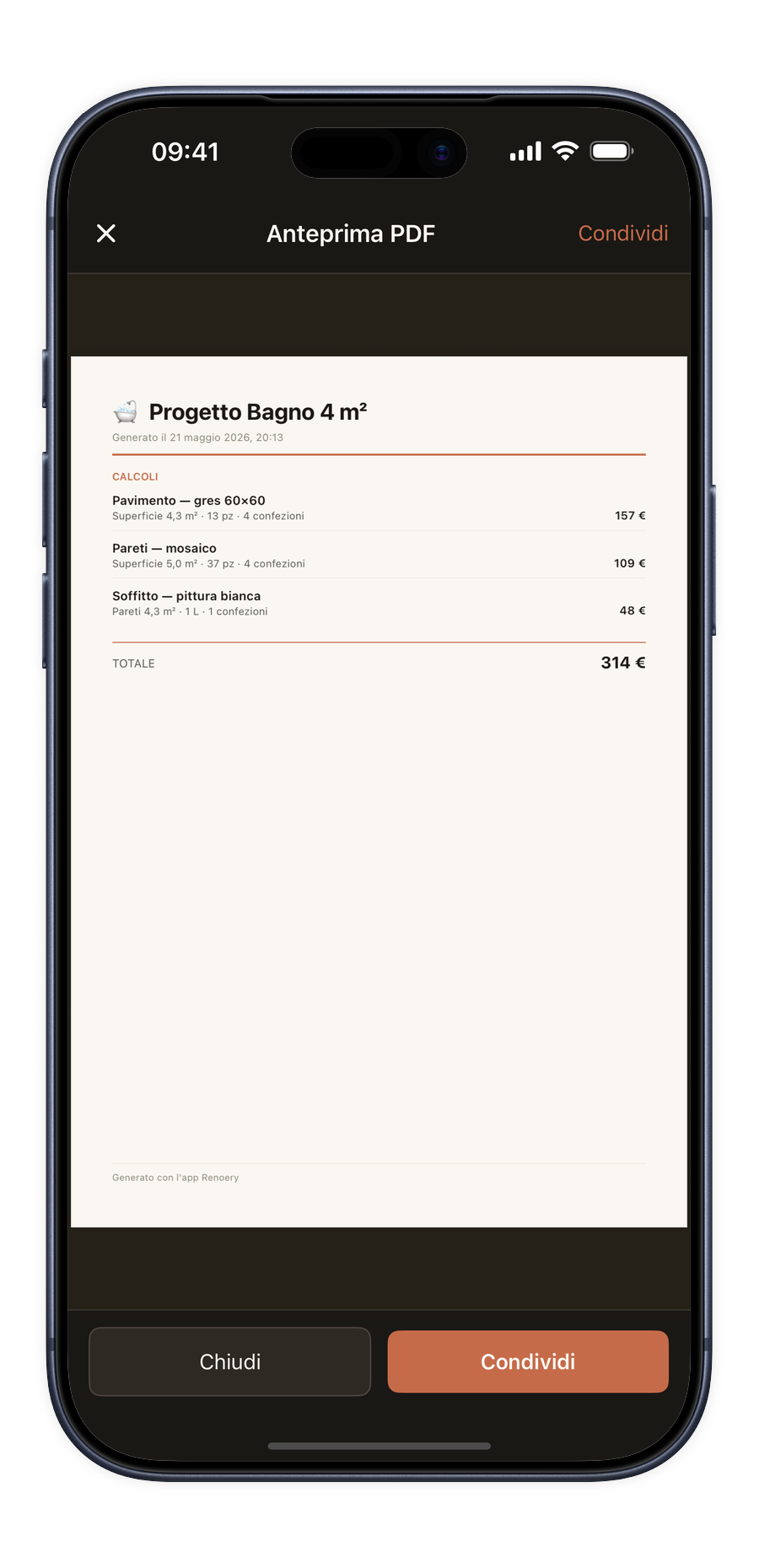 Screenshot dell'esportazione PDF di Renoery in cornice telefono