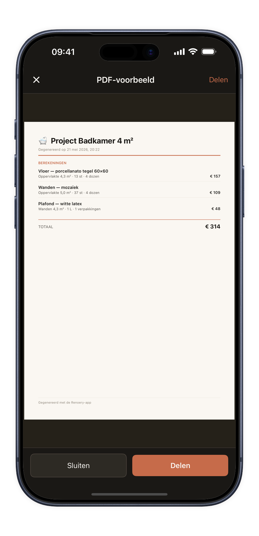 Schermafbeelding van de PDF-export van Renoery in een telefoonframe