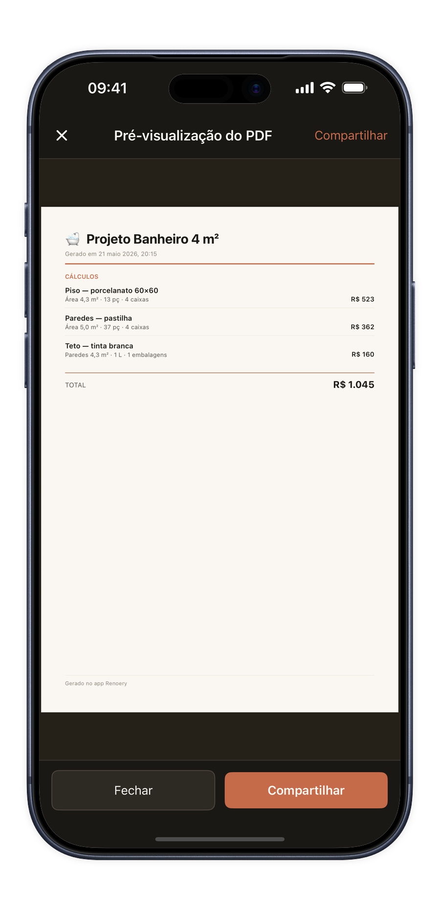 Captura do PDF exportado pelo Renoery em moldura de celular