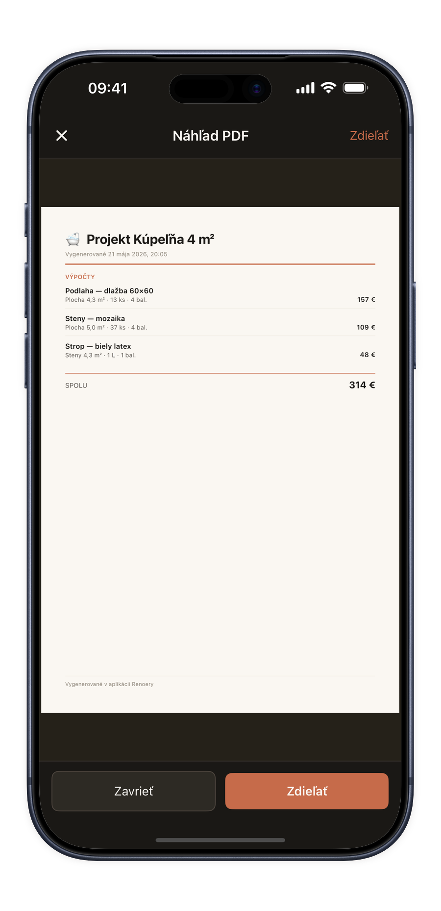 Snímok PDF exportu Renoery v ráme telefónu