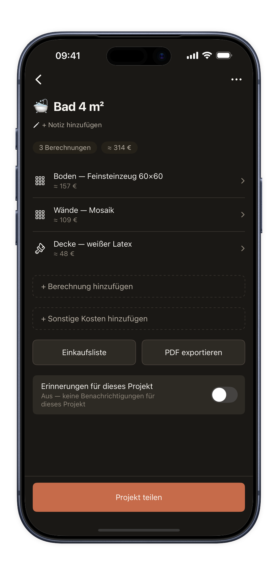 Projektmodus in der Renoery-App