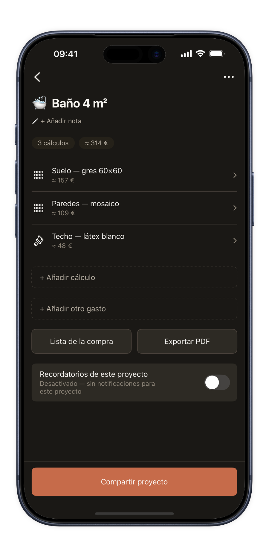 Modo proyecto en la app Renoery