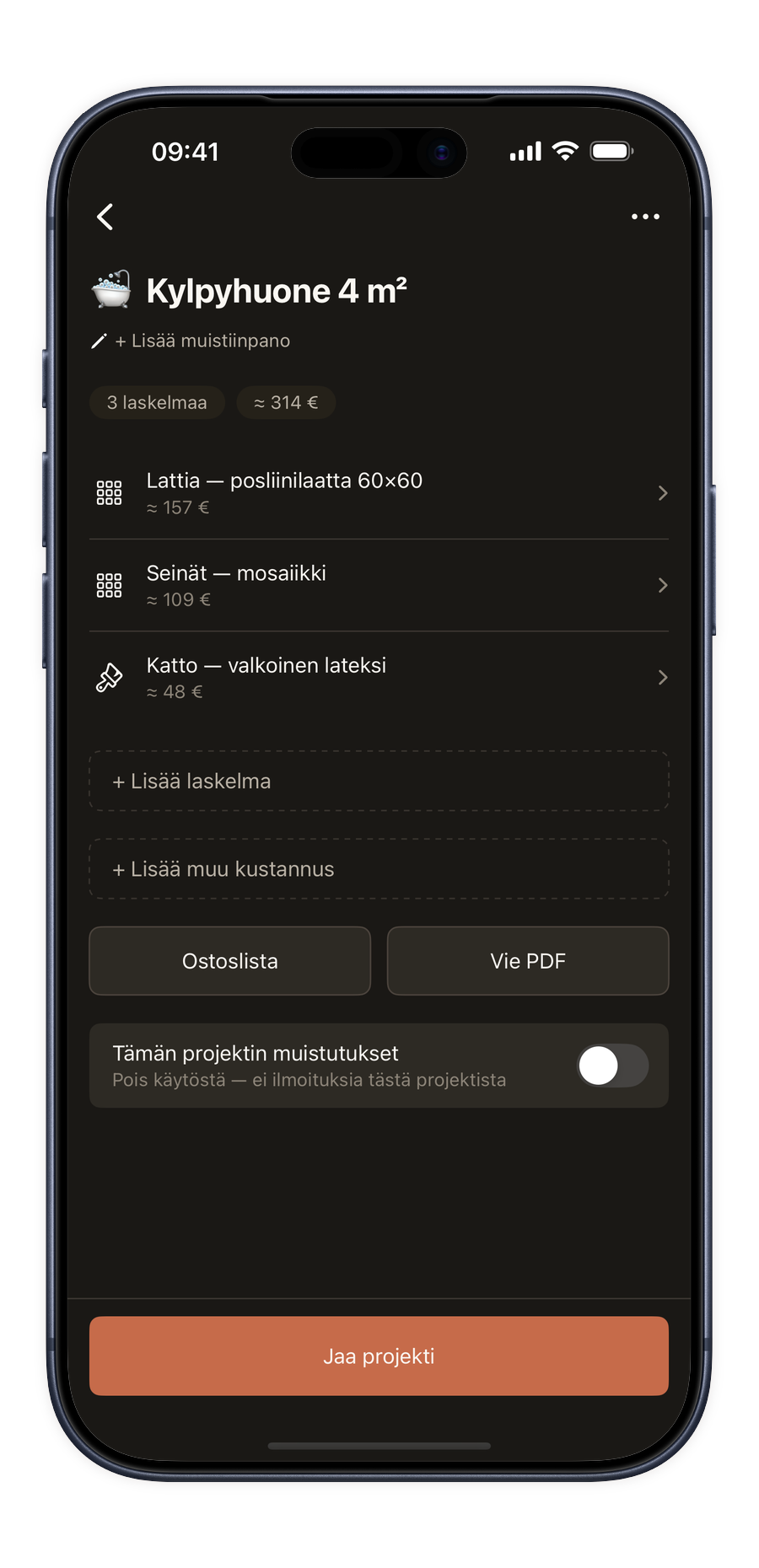 Projektitila Renoery-sovelluksessa
