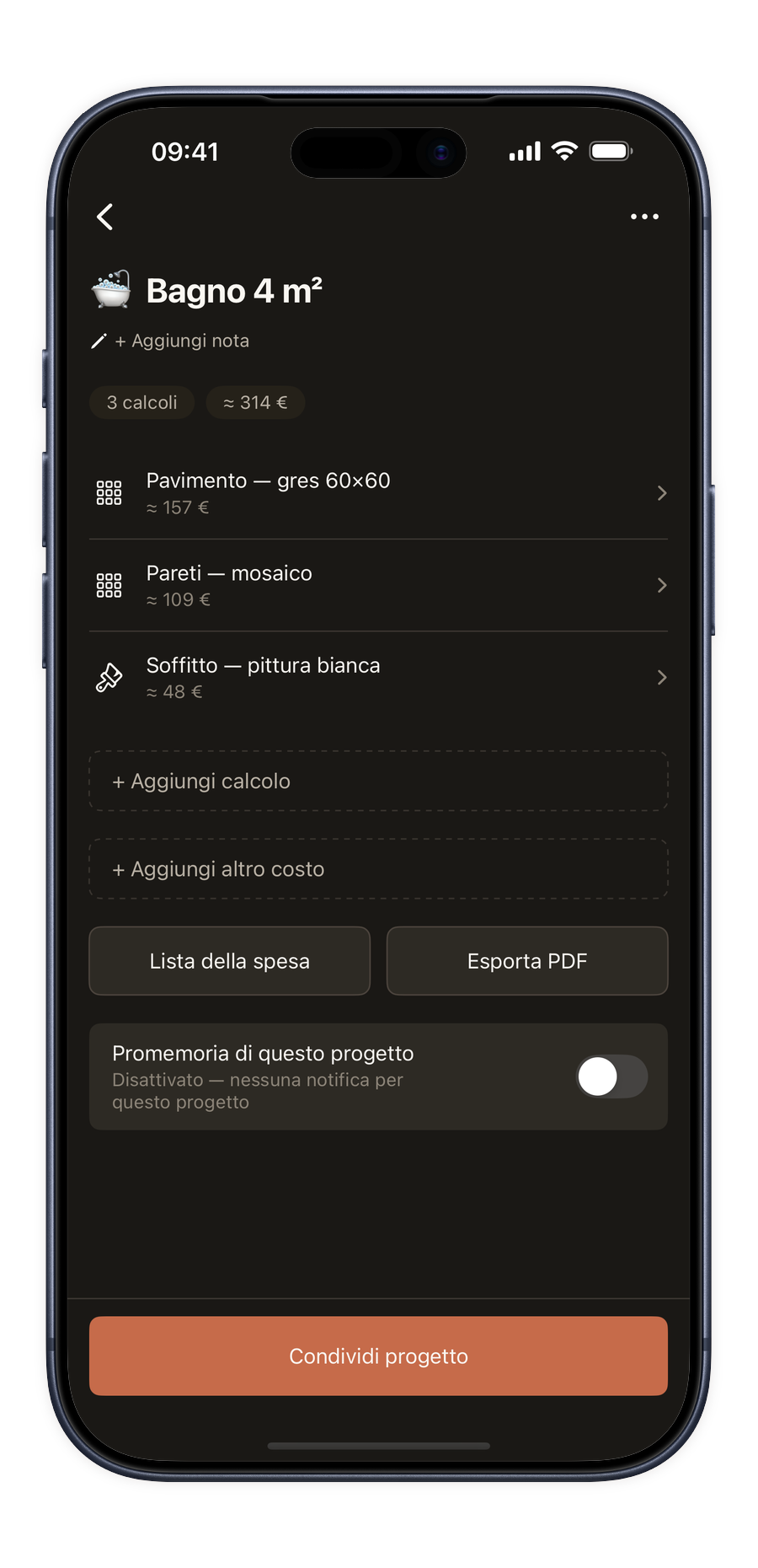 Modalità progetto nell'app Renoery