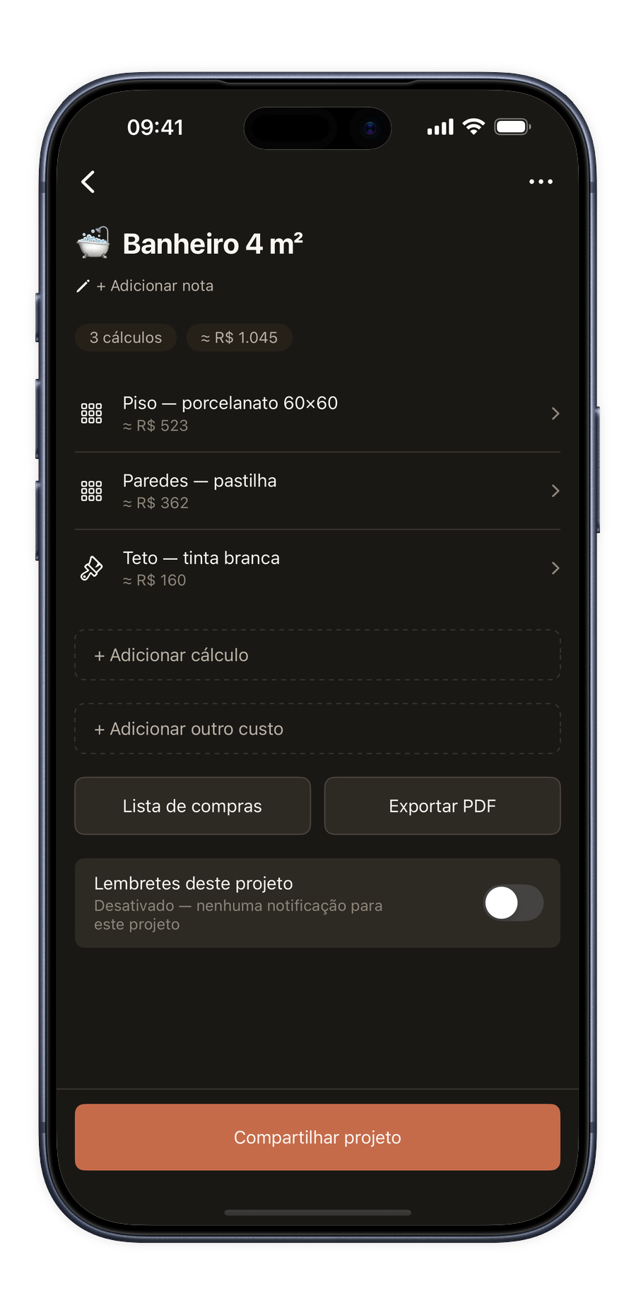 Modo projeto no app Renoery