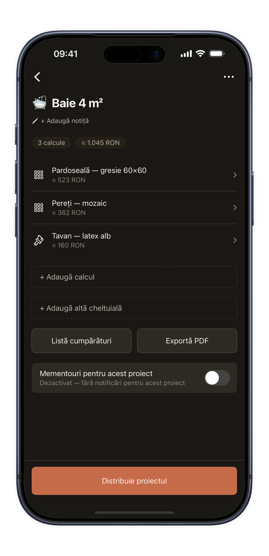 Mod proiect în aplicația Renoery