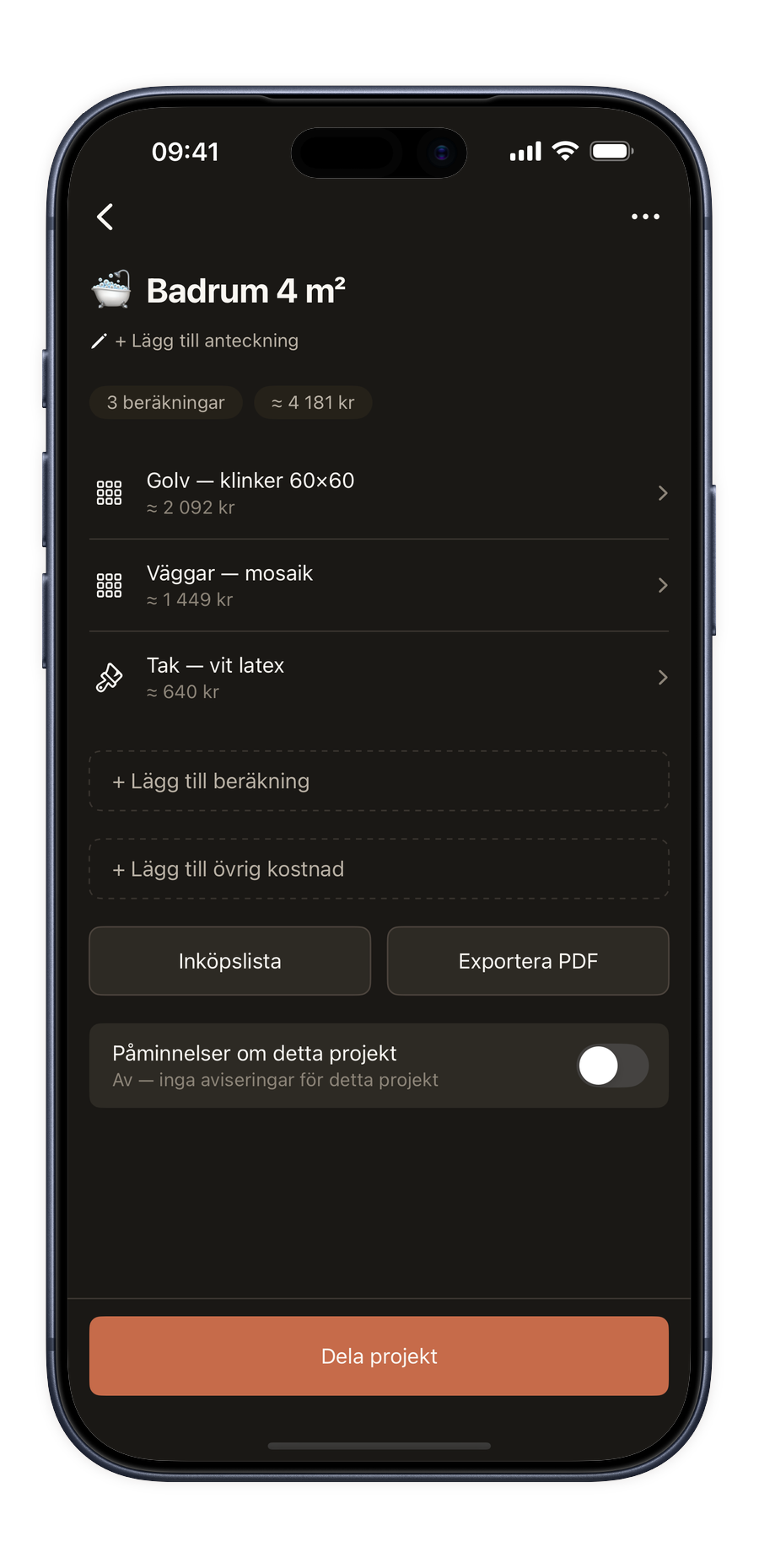 Projektläge i Renoery-appen