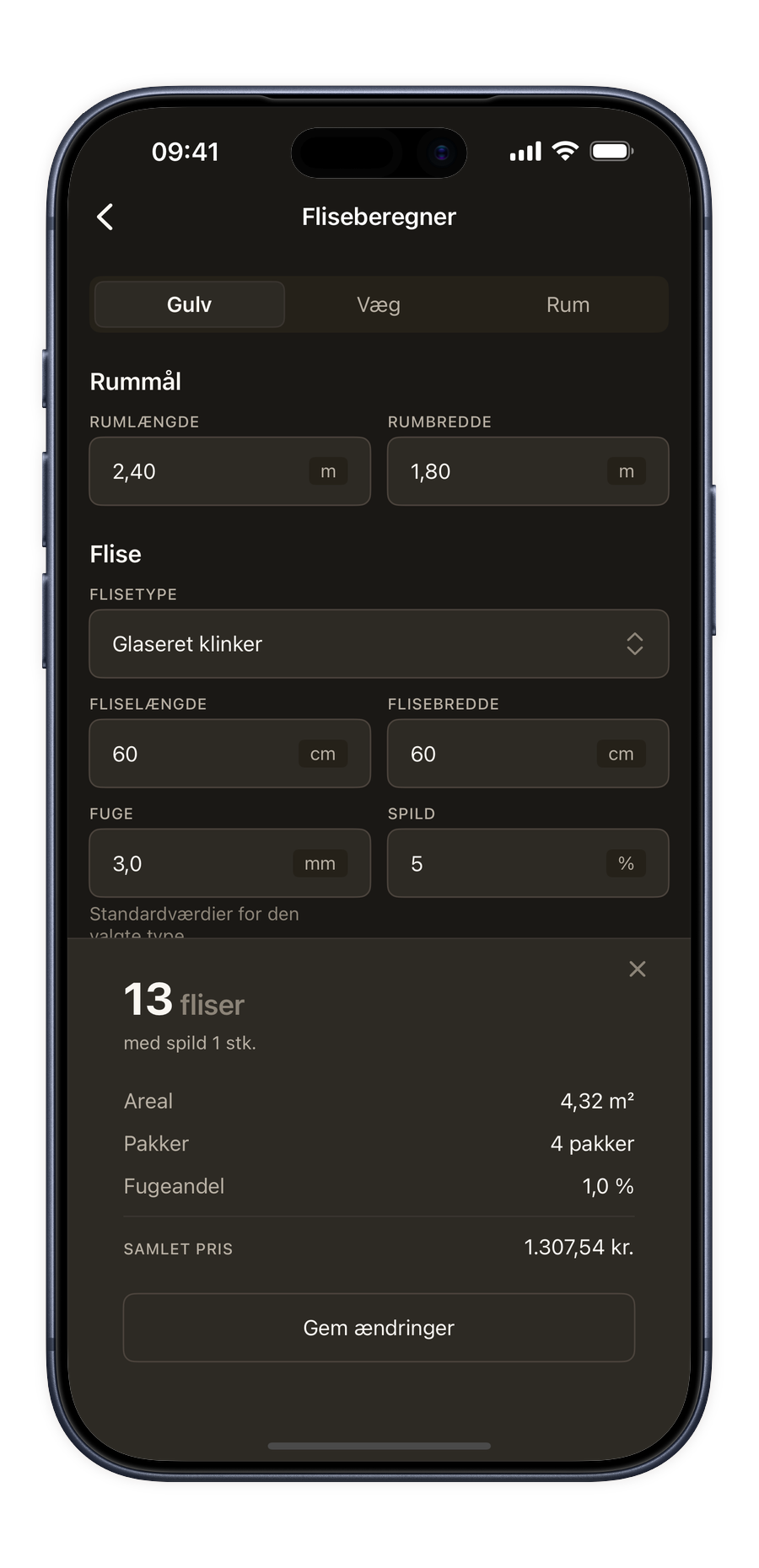 Fliseberegner i Renoery-appen