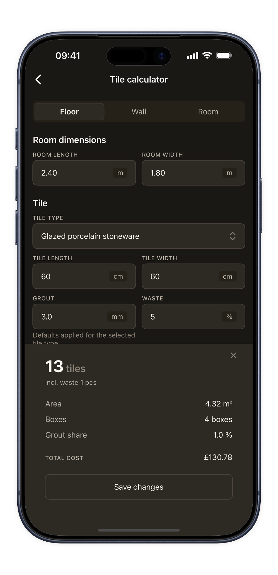Tile calculator in the Renoery app