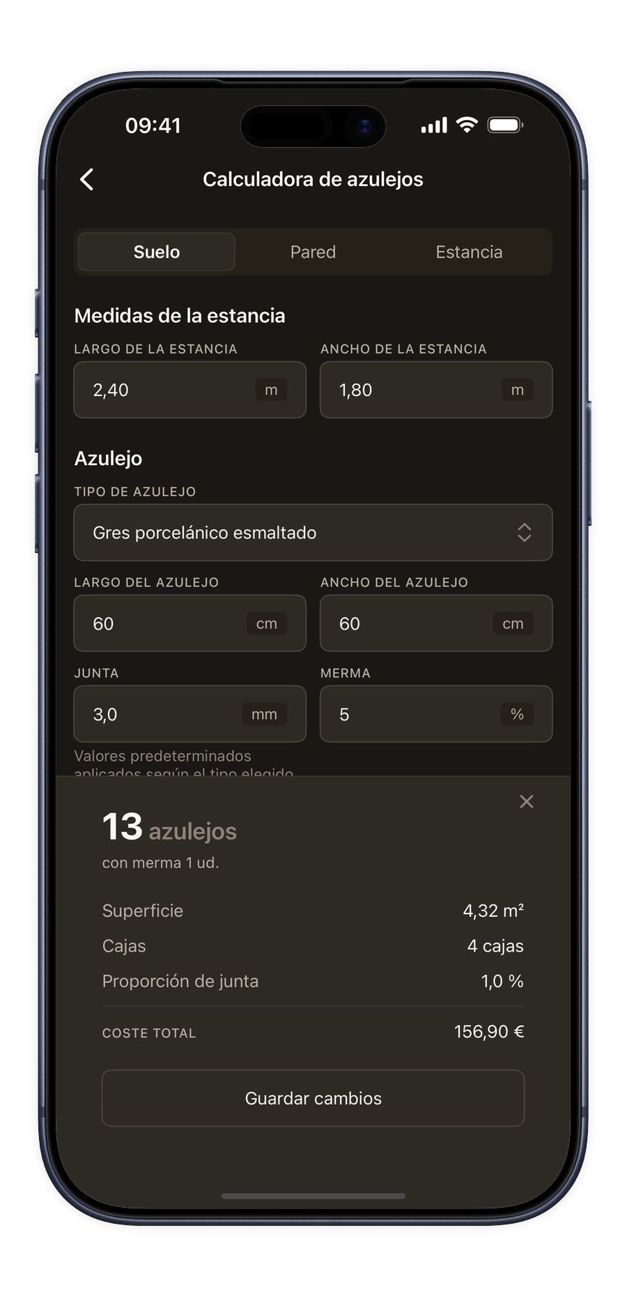 Calculadora de azulejos en la app Renoery