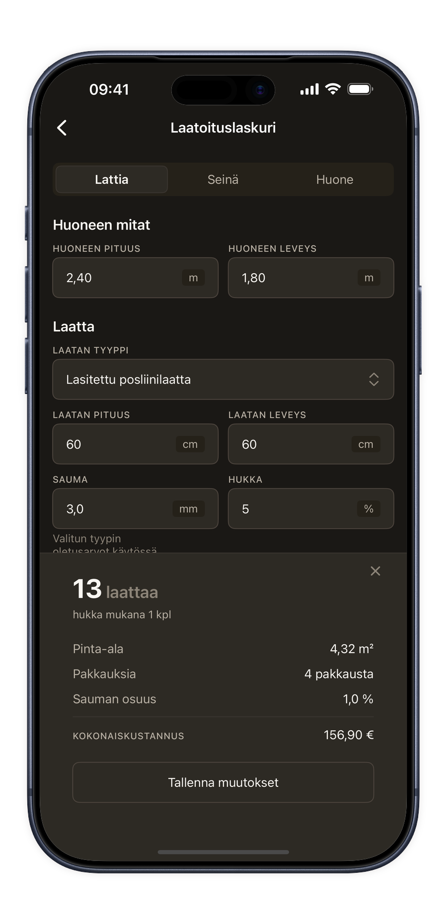 Laattalaskuri Renoery-sovelluksessa