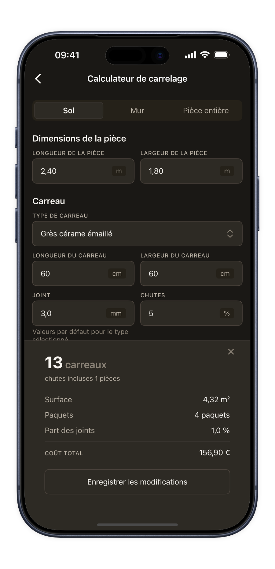 Calculateur de carrelage dans l’application Renoery