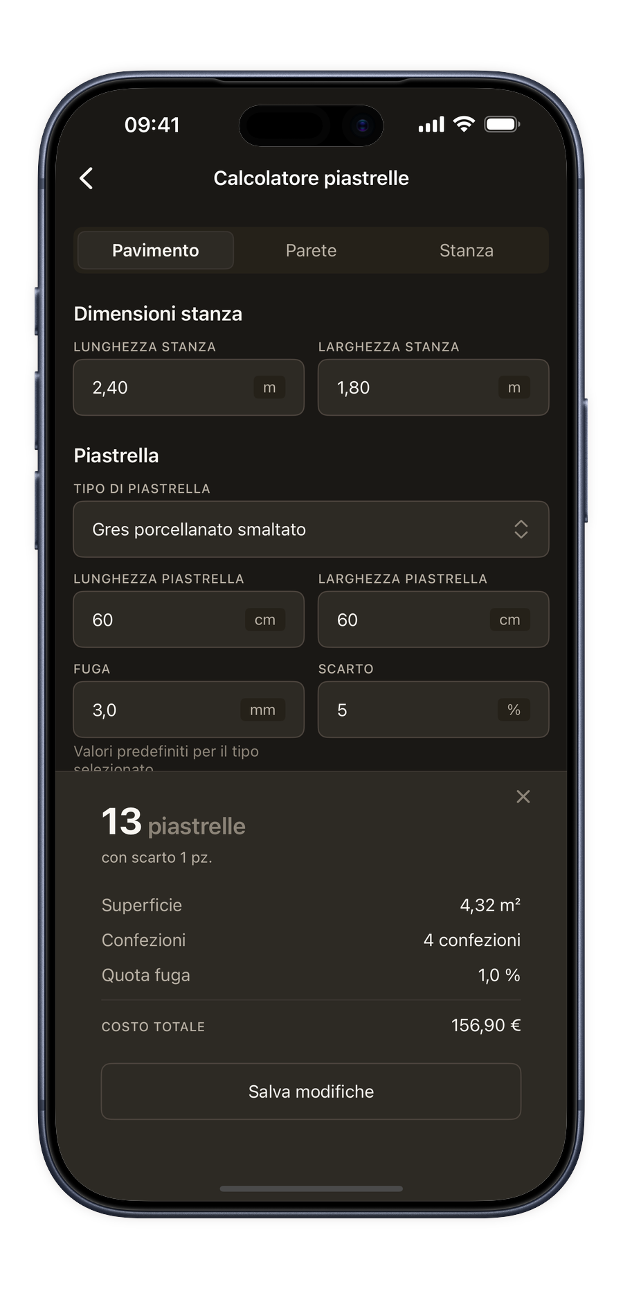 Calcolatore piastrelle nell'app Renoery