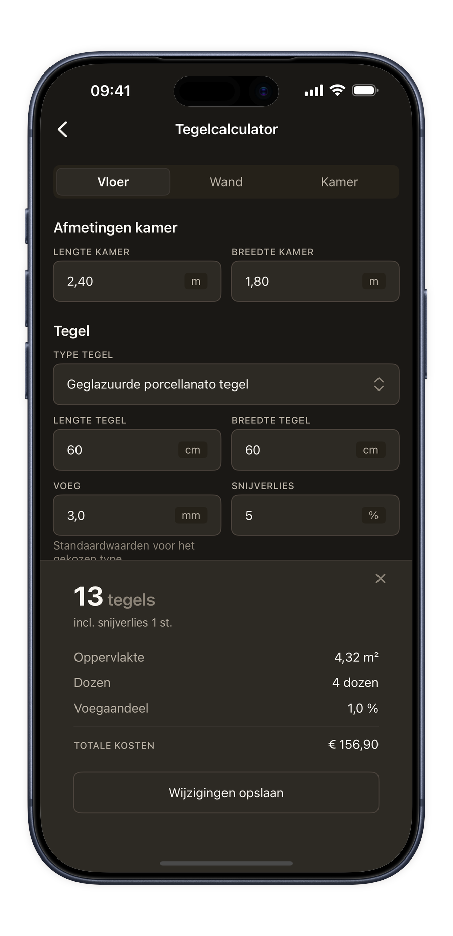 Tegelcalculator in de Renoery-app