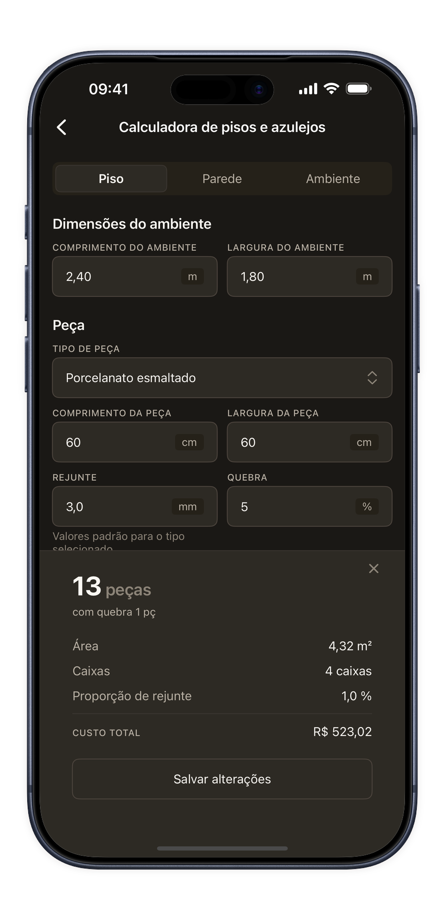 Calculadora de pisos no app Renoery